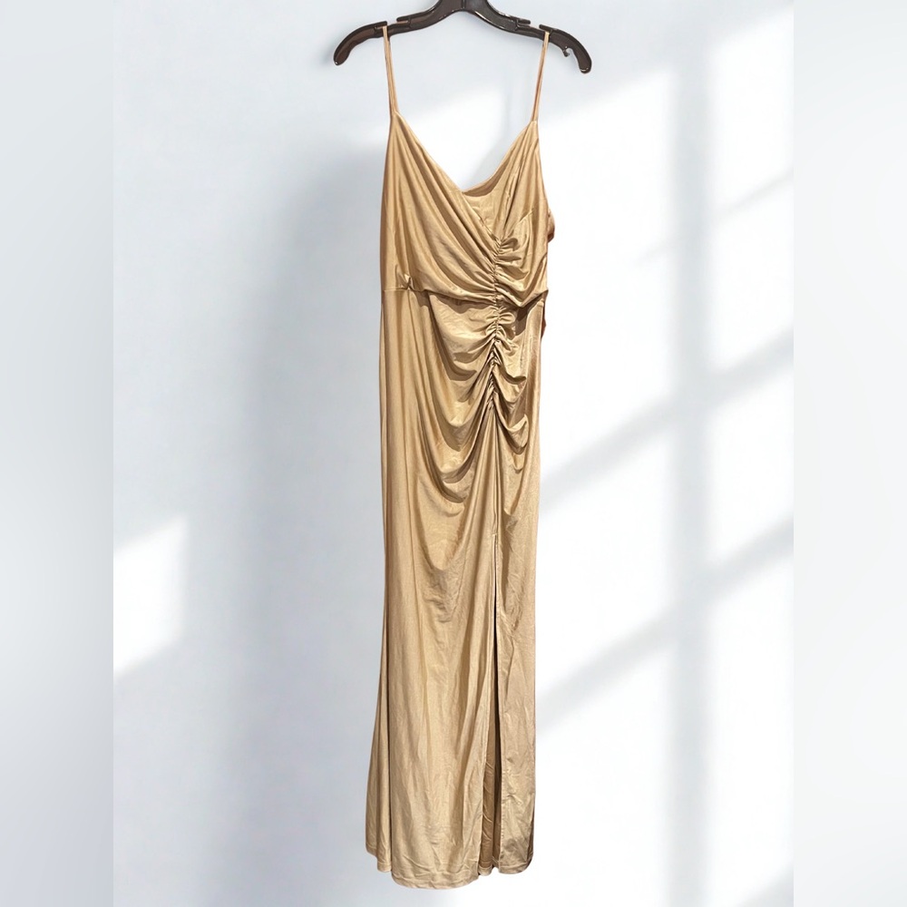 Tan Ruched Bodice Maxi Dress with Side Slit